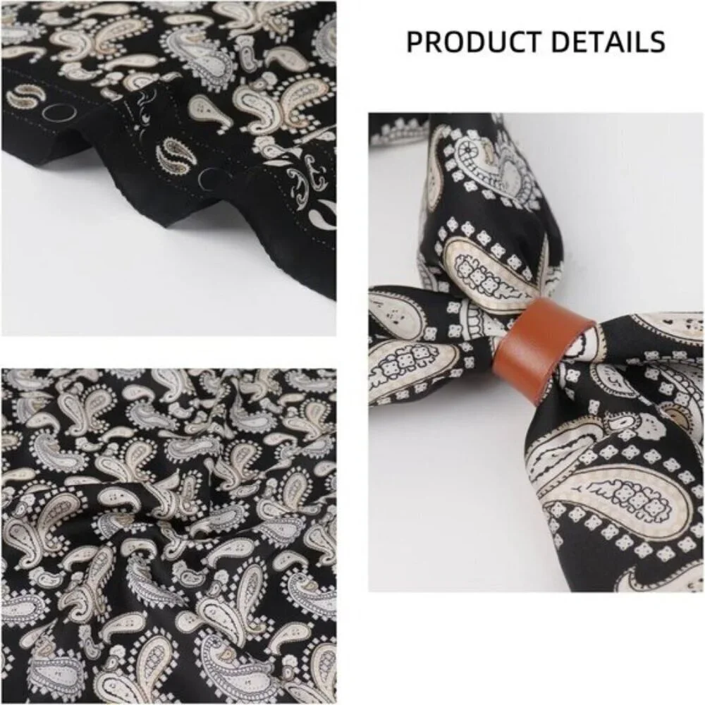 ⚡Men Black Sperry Necktie 27.5 Inches Cowboy Scarves Pocket Square Silk Bandanas